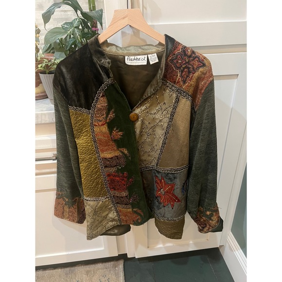 Flashback Jackets & Blazers - Flashback Vintage Patchwork Velvet  Brocade Artsy  Embroidered Jacket Green L